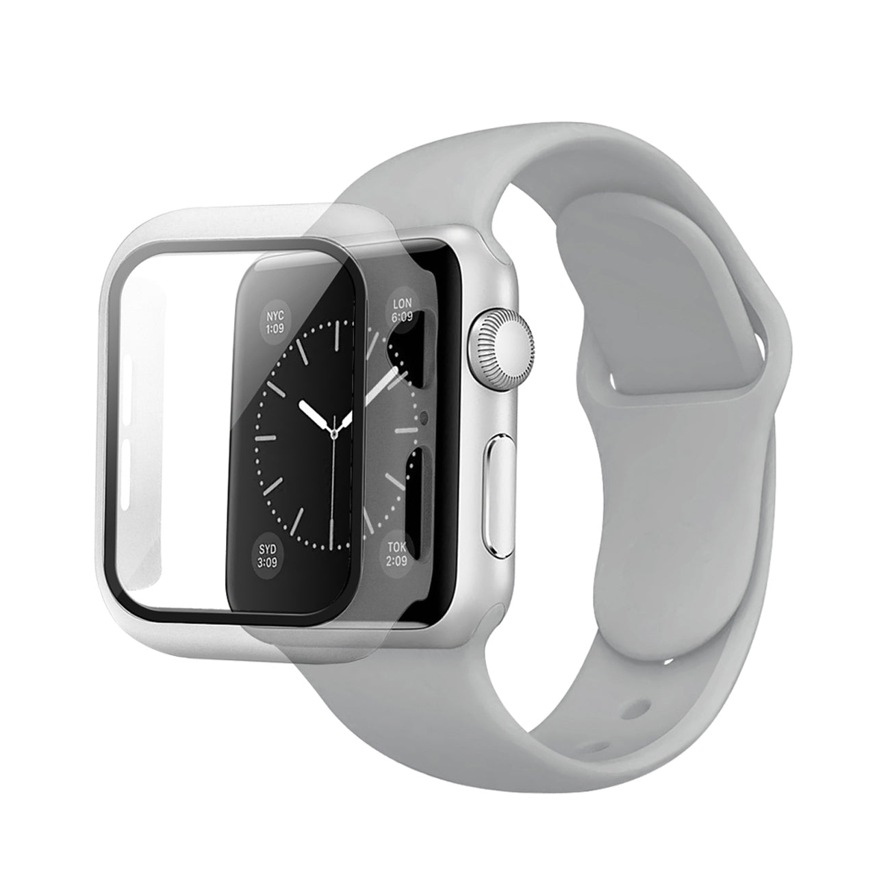 Gray Color PC Watch Case With Glass Screen Protector and Silicone Watch Band for Apple Watch 38mm